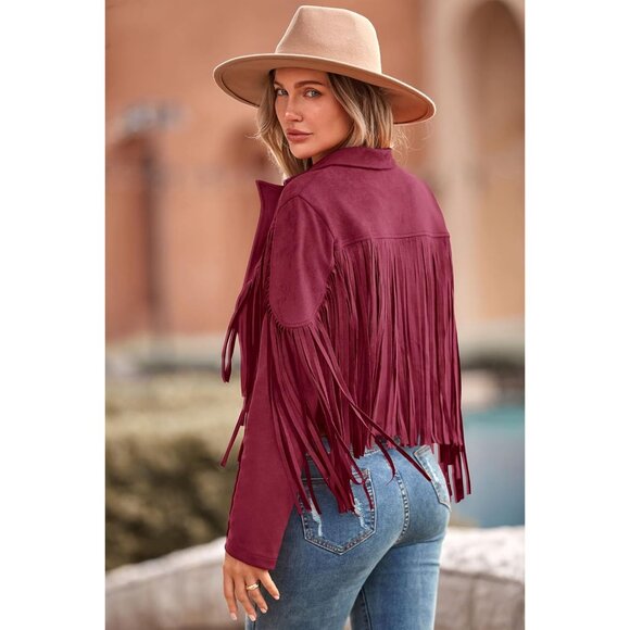 Prettygarden Women's Wine Red Fringe Motorcycle Cropped Faux Leather Jackets - Picture 2 of 9